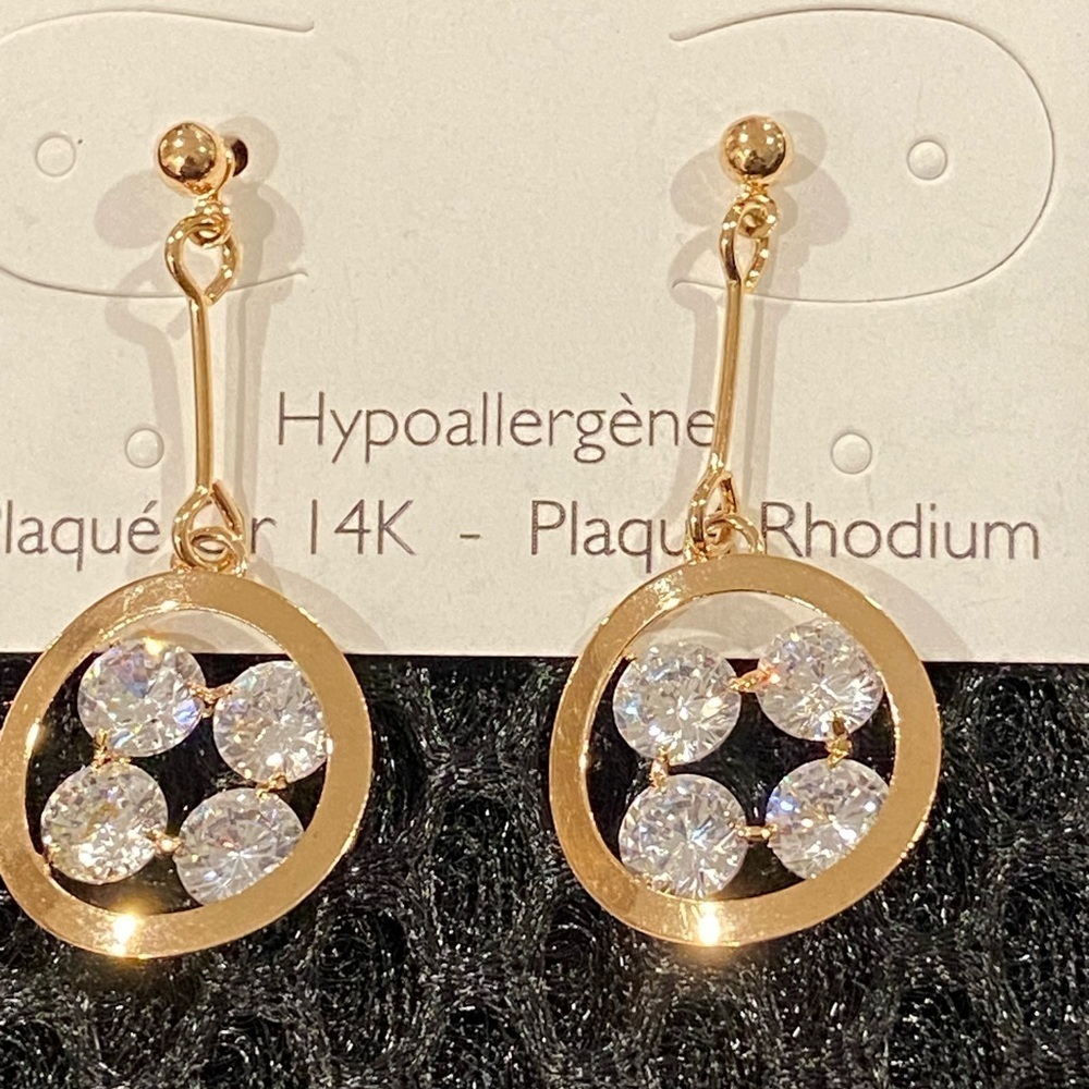 Gold Drop Earrings with Clear Crystals - Hypoallergenic - New With Tags - Picture 2 of 13